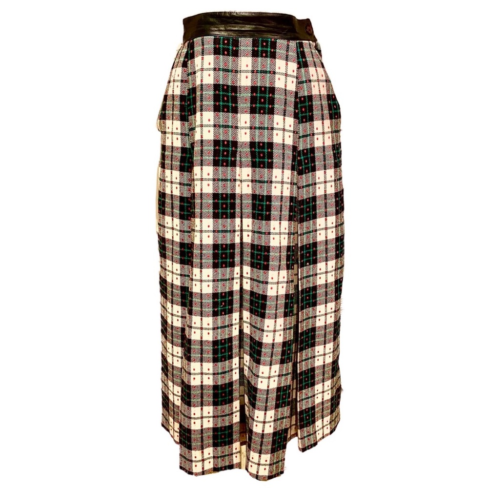 Vintage Wool Plaid Maxi Skirt with Leather Waistband Cozy Fall Autumn Vibes